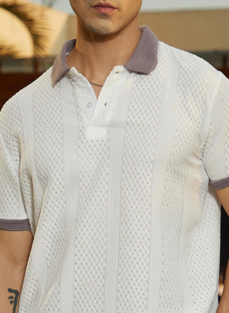CAHOOT  Men's White & Purple Contrast Open-Knit Polo T-Shirt For Casual Wear | Polo Neck | Short Cuffed Sleeves | Half-Button Closure | T-Shirt Crafted With Comfort Fit For Everyday Wear for Men | Best Price UAE