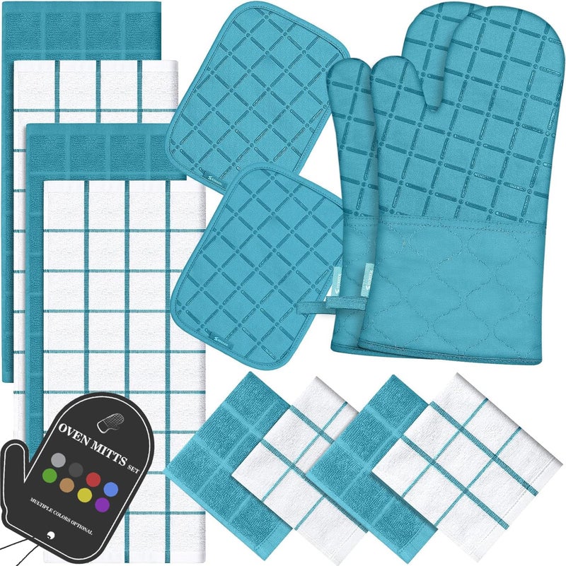 BSKSSK Oven Mitts Kitchen Towels and Dishcloths Pot Holders Sets  Oven Gloves Kitchen Dish Towels 500 Degree Heat Resistant Potholders with Non-Slip Silicone Surface for Cooking  Grilling  Baking-Blue - Image 1