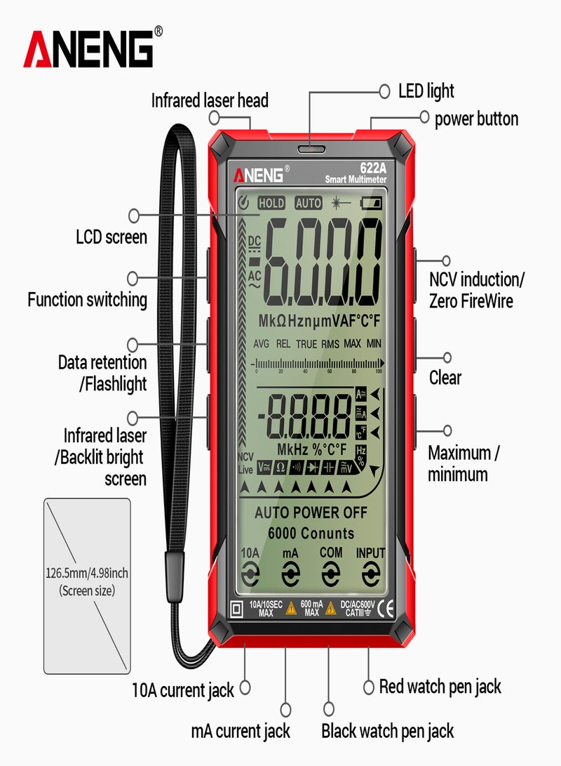 ANENG Digital Multimeter Tester Smart Touch Auto-Ranging 6000 Counts Rechargeable Anti-burning Ohm Amp VoltMeter With DC/AC Current Voltage Resistance Capacitor Frequency Temperature - Image 2