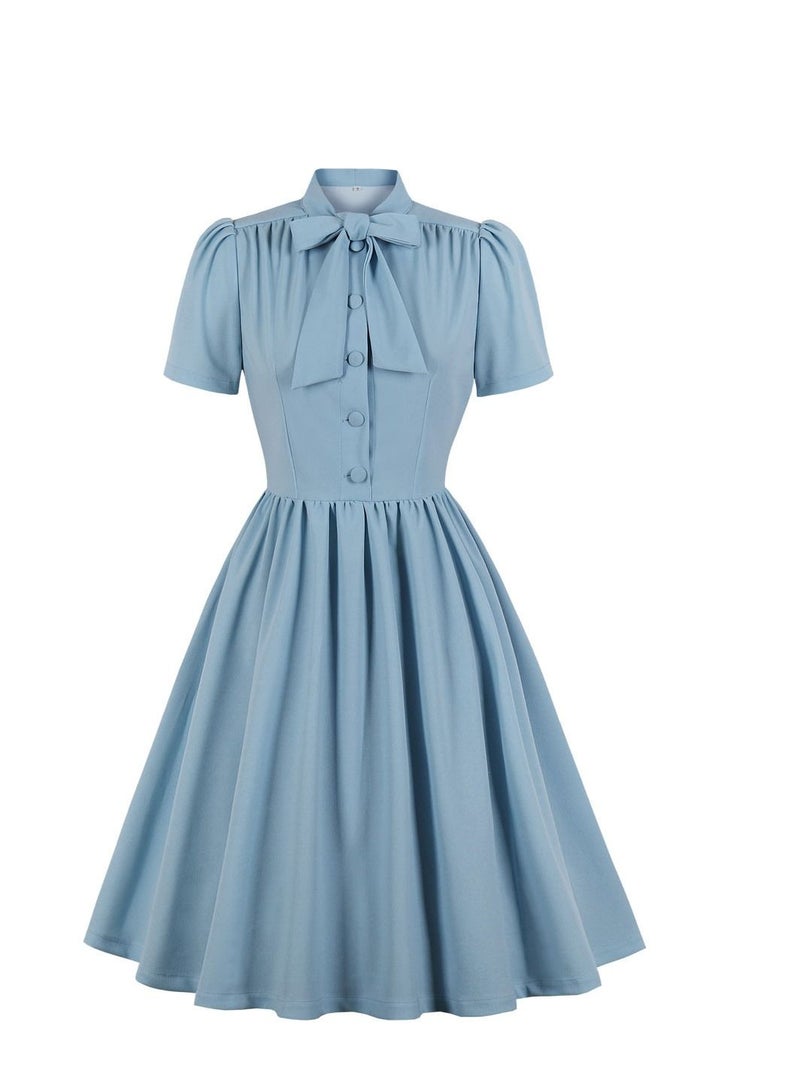 Loquat Standing Neck Style Lace up Big Swing Dress Baby Blue - Image 1