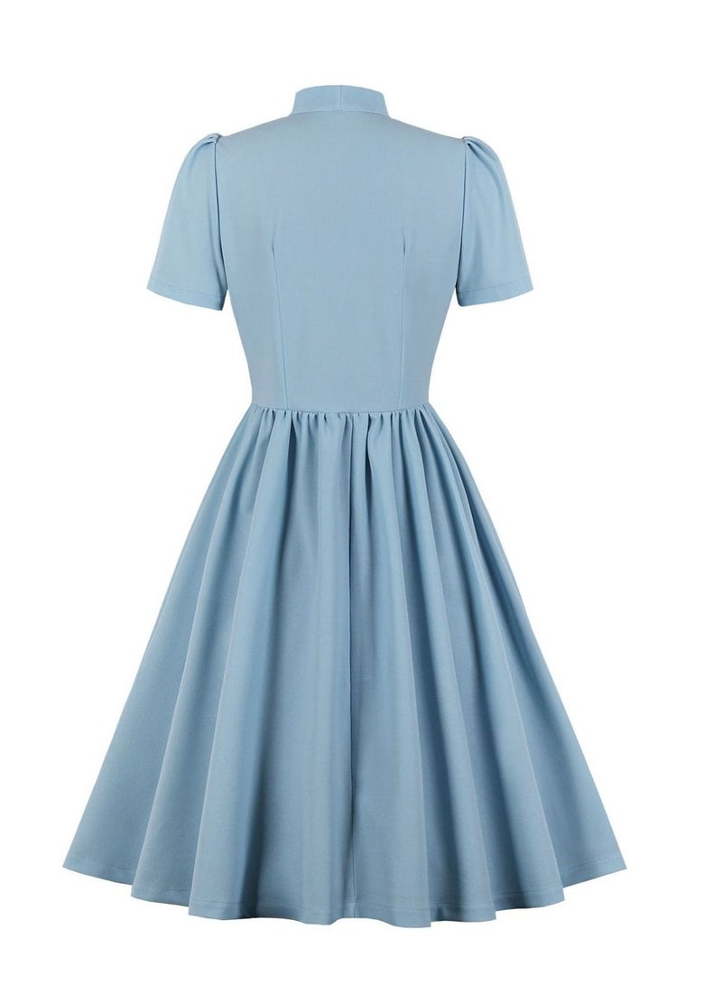 Loquat Standing Neck Style Lace up Big Swing Dress Baby Blue - Image 2