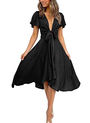miduo Womens Spring Fashion Satin 2025 V Neck Ruffle Short Sleeve Tie Front High Waist High Low Party Midi Dresses Black XL - Image 1