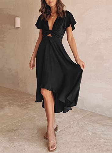 miduo Womens Spring Fashion Satin 2025 V Neck Ruffle Short Sleeve Tie Front High Waist High Low Party Midi Dresses Black XL - Image 3