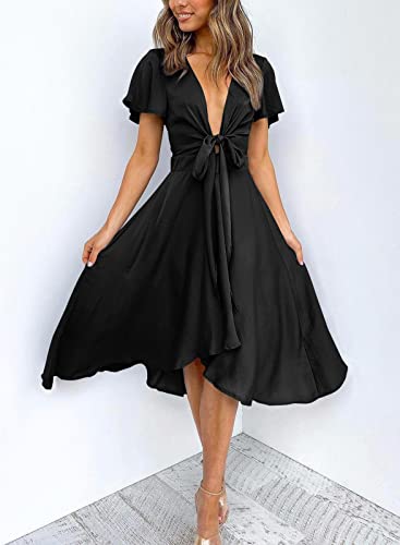 miduo Womens Spring Fashion Satin 2025 V Neck Ruffle Short Sleeve Tie Front High Waist High Low Party Midi Dresses Black XL - Image 2