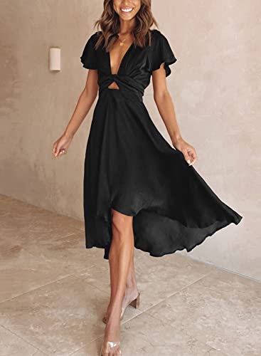 miduo Womens Spring Fashion Satin 2025 V Neck Ruffle Short Sleeve Tie Front High Waist High Low Party Midi Dresses Black XL - Image 4