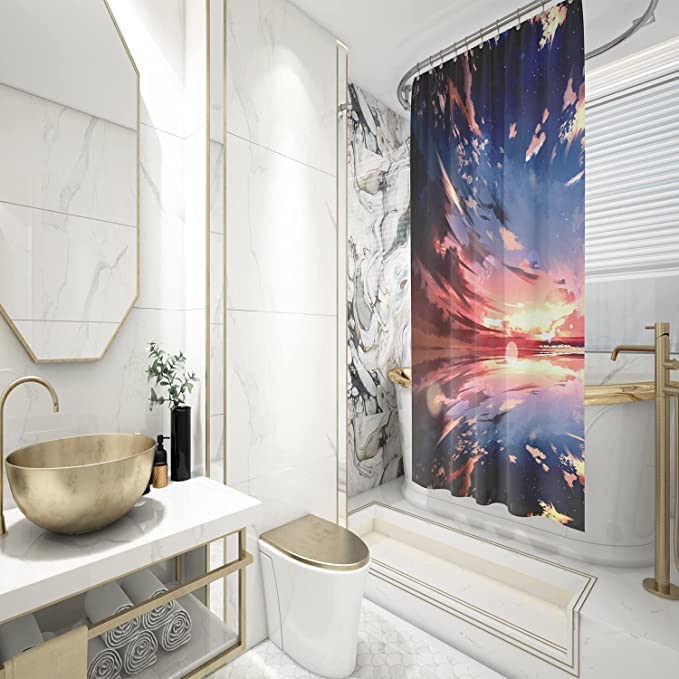 FING ستارة دش الحمام، ستارة حمام مع خطاف، ستارة دش مصممة للحمام، حوض الاستحمام، زينة ستائر حمام زخرفية حديثة (تصميم_16) - Image 3