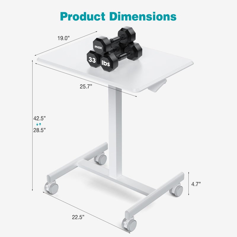 DUMOS Small Standing Desk Mobile Portable Rolling Laptop PC Table on Wheels Adjustable Height Computer Workstation for Home Office, 19 Inch, Modern White - Image 2