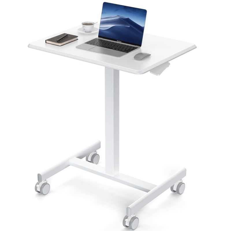 DUMOS Small Standing Desk Mobile Portable Rolling Laptop PC Table on Wheels Adjustable Height Computer Workstation for Home Office, 19 Inch, Modern White - Image 1