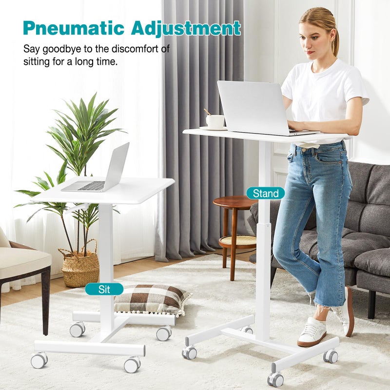 DUMOS Small Standing Desk Mobile Portable Rolling Laptop PC Table on Wheels Adjustable Height Computer Workstation for Home Office, 19 Inch, Modern White - Image 3