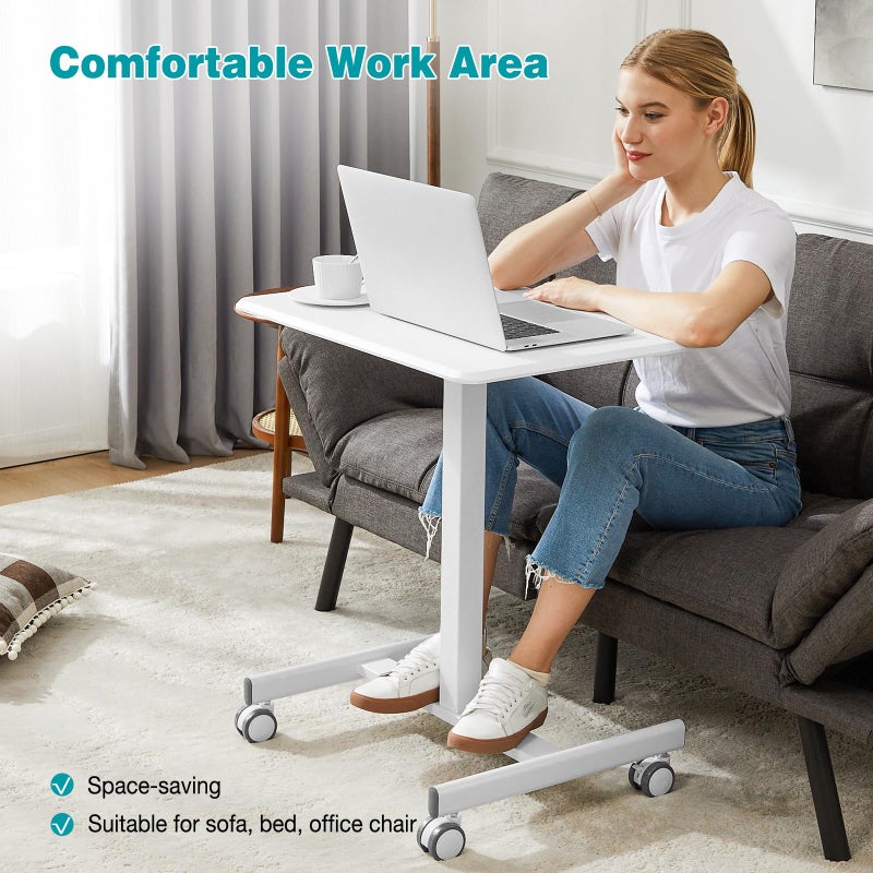 DUMOS Small Standing Desk Mobile Portable Rolling Laptop PC Table on Wheels Adjustable Height Computer Workstation for Home Office, 19 Inch, Modern White - Image 4