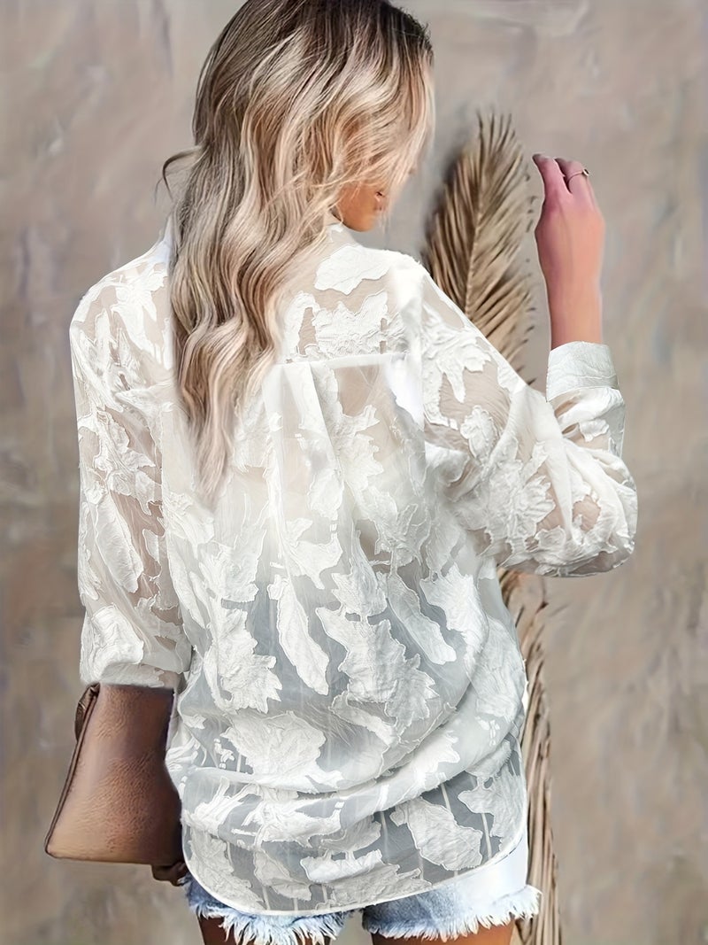 Sheer Sleeve Blouse with Button Detail Floral Jacquard Mesh Top - Image 2