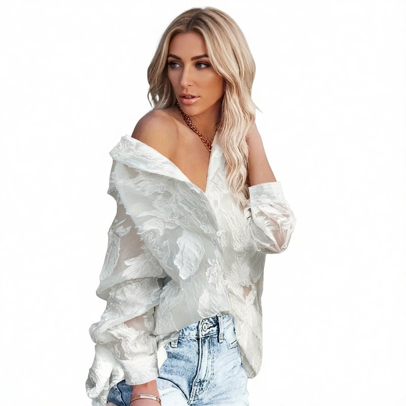 Sheer Sleeve Blouse with Button Detail Floral Jacquard Mesh Top - Image 1
