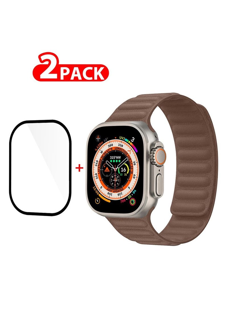 CATANES - 2 Packs For Apple Watch Band 49mm Leather Link Strap Magnetic Loop Bracelet and 3D Screen Protector Brown - Image 1