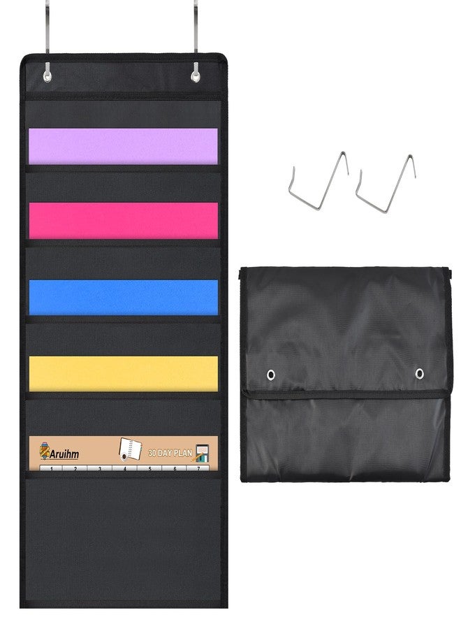 Aruihm Pocket Chart for Classroom Hanging Wall File Organizer 5 Pocket, Black Wall Storage Pocket Charts with 3 Hangers, Oxford Cloth Storage Pocket, Great for Classroom, Home or Office Use - Image 1