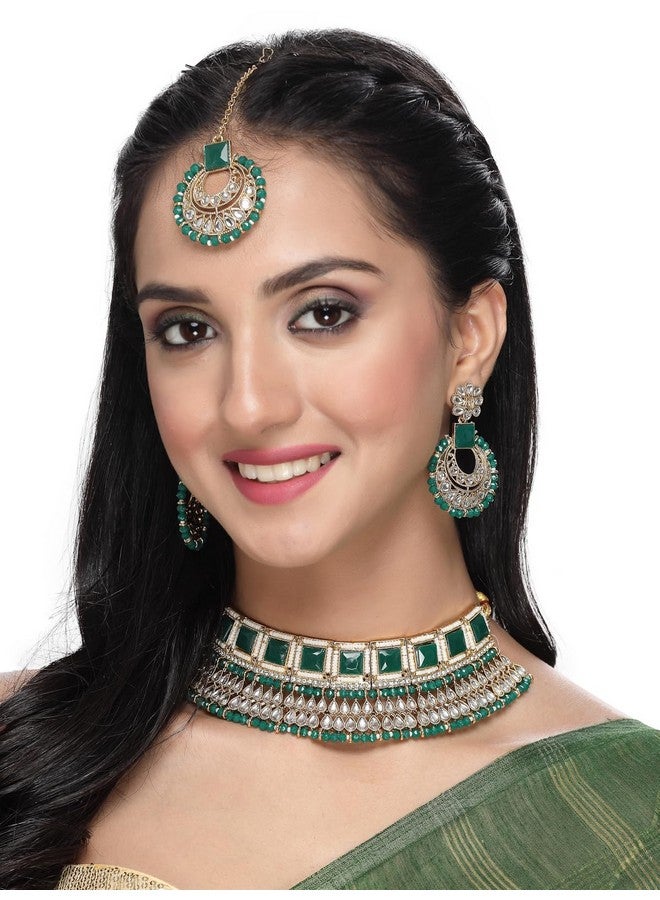 Sukkhi Sukkhi Classical Traditional Gold Plated Green Kundan & Beads Choker Necklace Set With Earring And Maangtika | Jewellery Set For Women (NS105552)  - Image 2