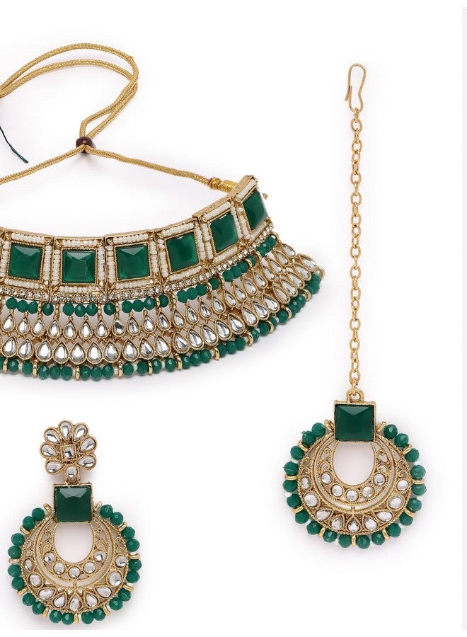 Sukkhi Sukkhi Classical Traditional Gold Plated Green Kundan & Beads Choker Necklace Set With Earring And Maangtika | Jewellery Set For Women (NS105552)  - Image 5