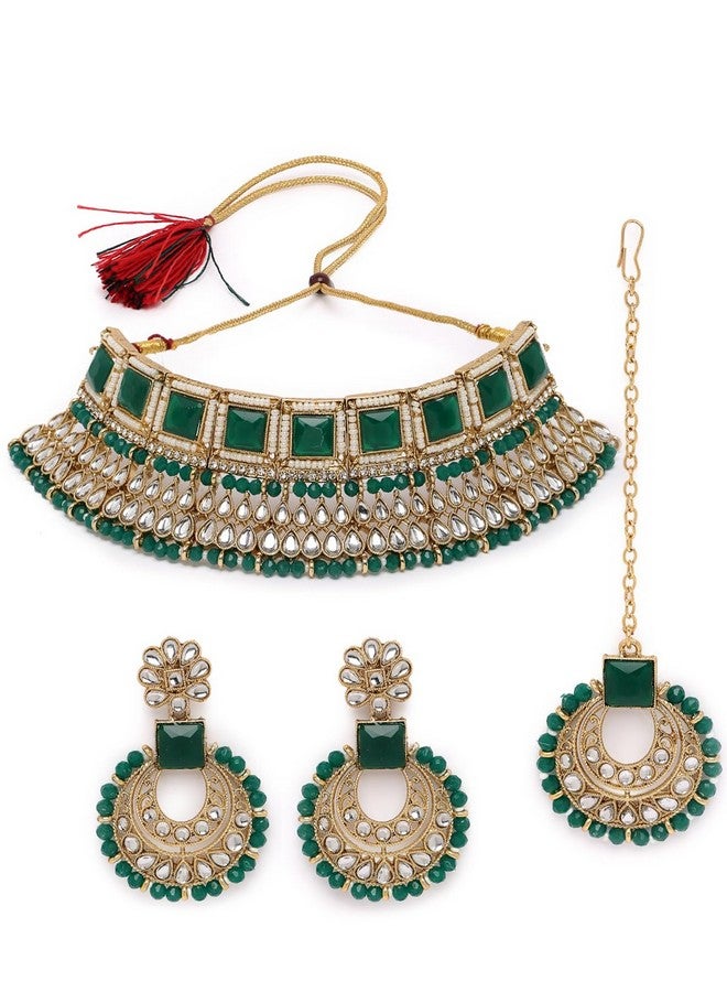 Sukkhi Sukkhi Classical Traditional Gold Plated Green Kundan & Beads Choker Necklace Set With Earring And Maangtika | Jewellery Set For Women (NS105552)  - Image 1