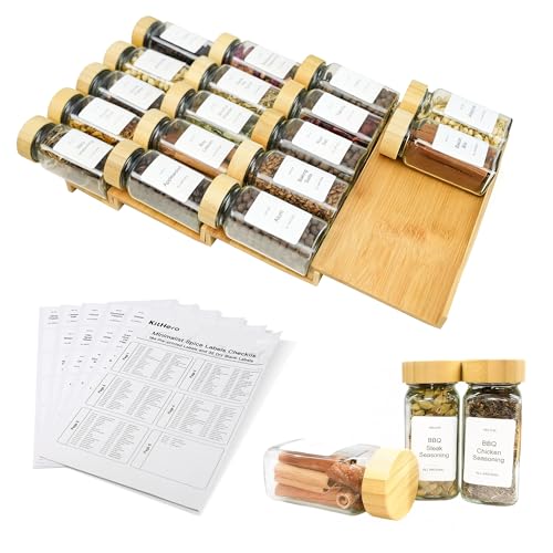 KitHero Spice Drawer Organizer with 20 Bamboo-lidded Spice Jars,216 Labels,25 Non-slip Rubber, Bamboo 4 Tier Seasoning Rack Tray Insert for Kitchen Drawers,Cabinets,Countertop,9" Wide x 15.8" Deep - Image 1