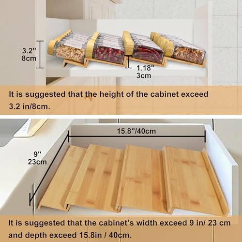 KitHero Spice Drawer Organizer with 20 Bamboo-lidded Spice Jars,216 Labels,25 Non-slip Rubber, Bamboo 4 Tier Seasoning Rack Tray Insert for Kitchen Drawers,Cabinets,Countertop,9" Wide x 15.8" Deep - Image 2