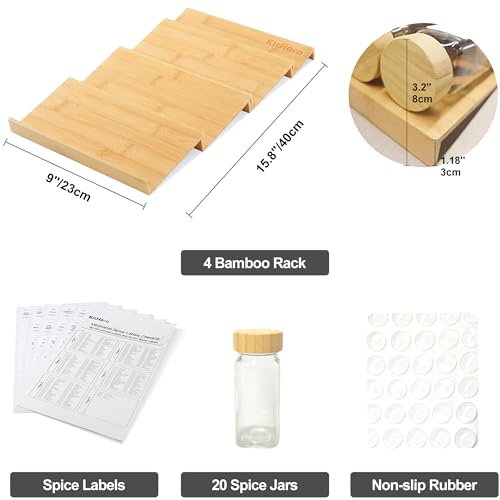 KitHero Spice Drawer Organizer with 20 Bamboo-lidded Spice Jars,216 Labels,25 Non-slip Rubber, Bamboo 4 Tier Seasoning Rack Tray Insert for Kitchen Drawers,Cabinets,Countertop,9" Wide x 15.8" Deep - Image 3