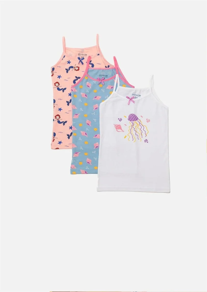 Defne Mermaid and Shell Printed Thin Strap Lycra Combed Cotton Girls 3-Piece Undershirt Set