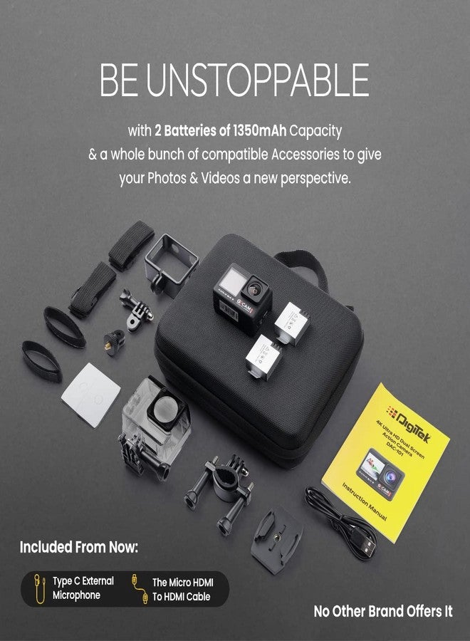 ديجيتك كاميرا الحركة Digitek GoCAM DAC-101 بدقة 5K 30FPS 48MP WiFi مع شاشة لمس مزدوجة، زاوية واسعة 150 درجة، تثبيت إلكتروني للثبات سداسي المحاور، ميكروفون خارجي، غطاء مقاوم للماء، بطاريتان 1350 مللي أمبير ومجموعة ملحقات (أسود). - Image 3