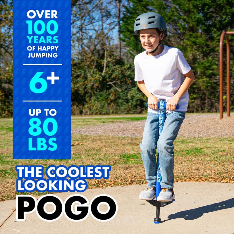 Flybar Pogo Stick for Kids, 40 to 80 Pounds, Perfect for Beginners, Easy Grip Foam Handles, Anti-Slip Foot Pegs, Outdoor Toys for Boys, Jumper Toys for Girls, Outside Toys for Kids (Jolt, Blue Camo) - Image 2