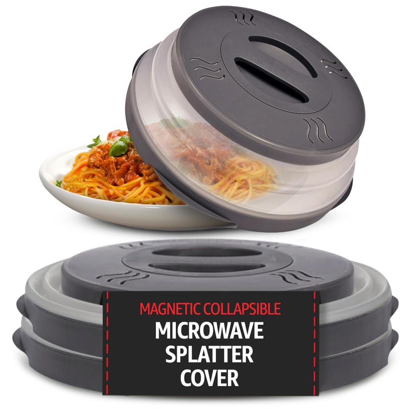 Stronger Magnet Microwave Splatter Cover with stronger magnetic grip Collapsible 12Inch BPAFree Food Lid Vented Plate Guard Dishwasher Safe SpaceSaving Magnetic Storage  Gray 2Pack