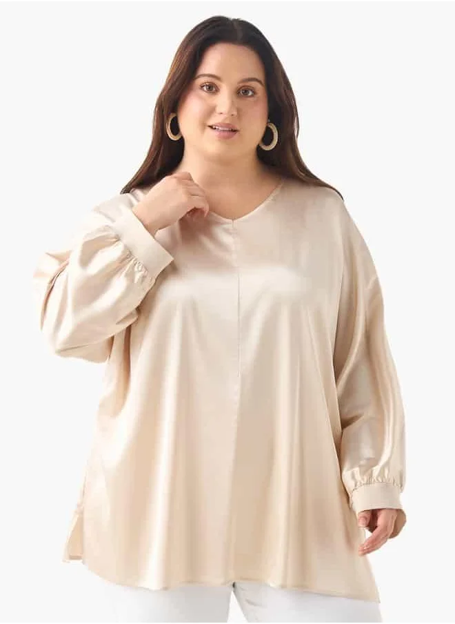  أولا بوبكن Plus Size Ulla Popken V-neck Top with Long Sleeves