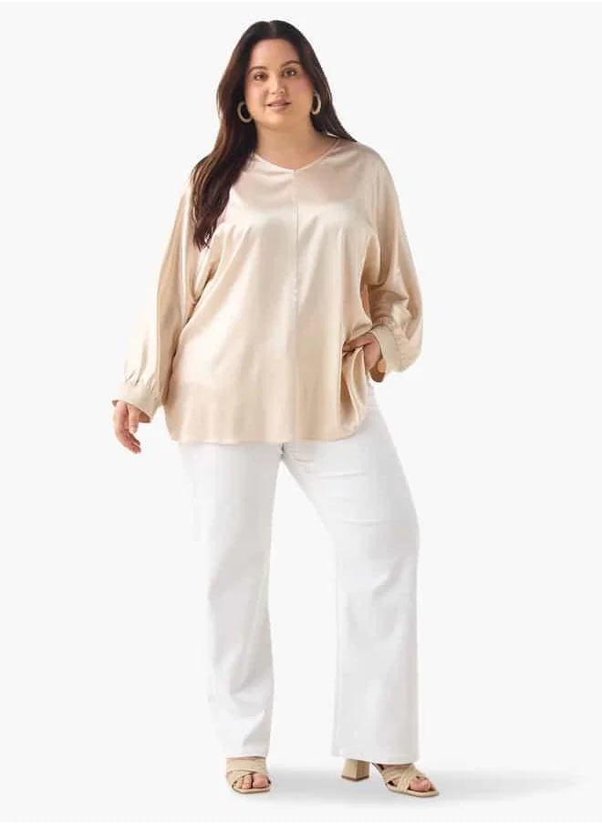  أولا بوبكن Plus Size Ulla Popken V-neck Top with Long Sleeves
