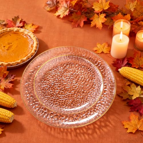 Hioasis 60pcs Clear Plastic Plates - Gold Rimmed Disposable, Hammered, Heavy-duty Dinnerware Set Suitable for 30 Guests, 10.25" Dinner & 7.5" Dessert Plates for Party & Wedding - Image 2