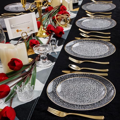 Hioasis 60pcs Clear Plastic Plates - Gold Rimmed Disposable, Hammered, Heavy-duty Dinnerware Set Suitable for 30 Guests, 10.25" Dinner & 7.5" Dessert Plates for Party & Wedding - Image 5