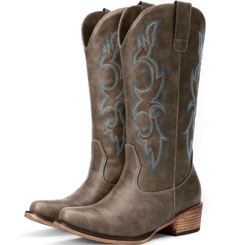 Choiran Brown Cowboy Boots for Women - Embroidered Cowgirl Carter Outfits Boots Western Mid Calf Cowboy Carter Fashion Chunky Heel Pointed Toe Country Boot 8 - Image 1