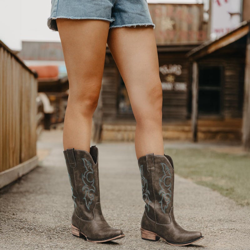 Choiran Brown Cowboy Boots for Women - Embroidered Cowgirl Carter Outfits Boots Western Mid Calf Cowboy Carter Fashion Chunky Heel Pointed Toe Country Boot 8 - Image 2