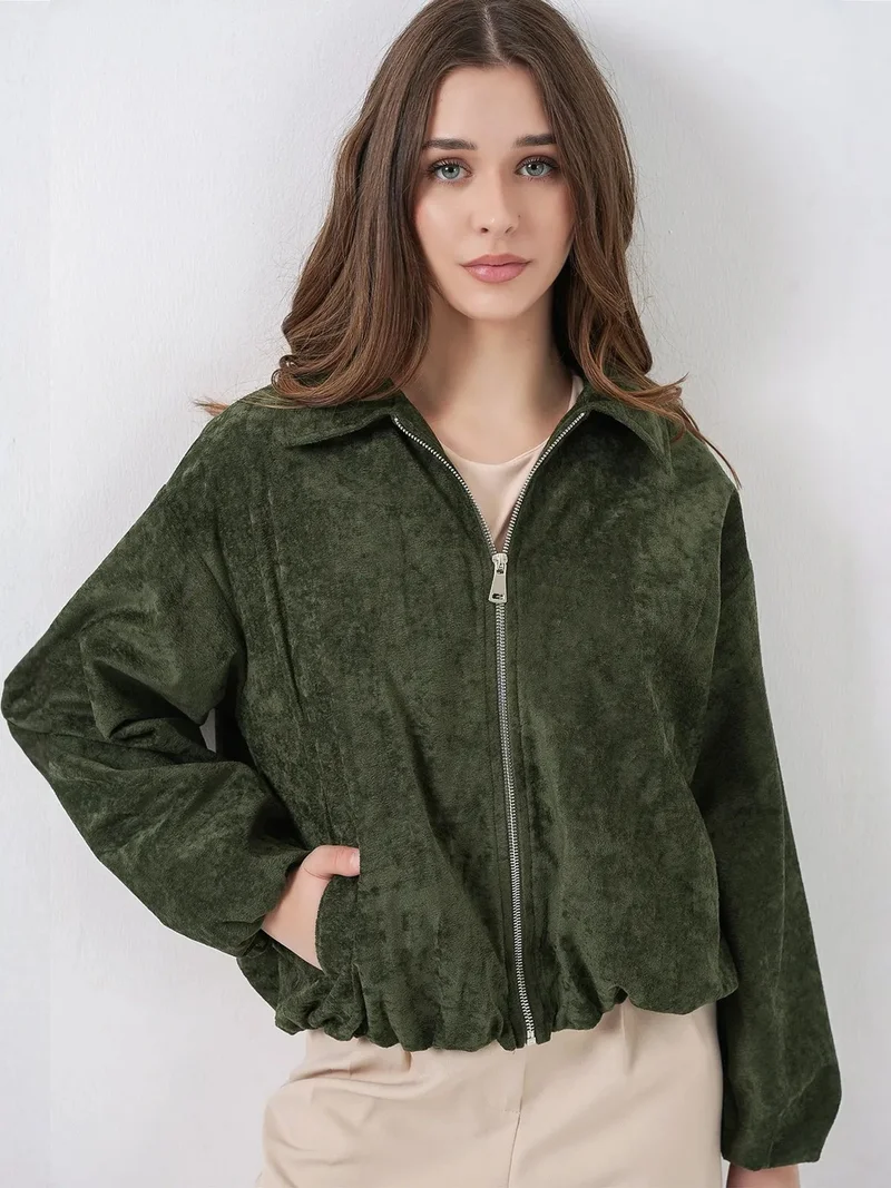 BIG DART BDART Oversized Velvet Zip-Up Jacket with Pockets