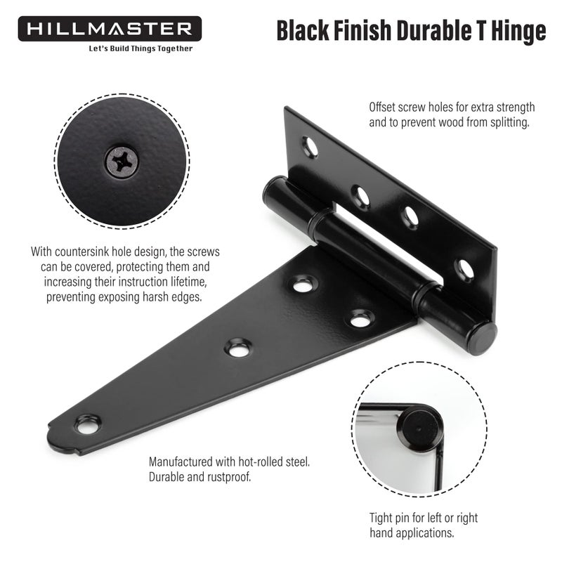 HILLMASTER 6 Inch T-Strap Heavy Duty Shed Door Hinges Gate Strap Hinges Black Tee Hinge Wrought Hardware for Wooden Fences,Yard,Barn Door,Rustproof(2 Pack) - Image 3