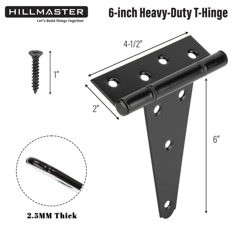 HILLMASTER 6 Inch T-Strap Heavy Duty Shed Door Hinges Gate Strap Hinges Black Tee Hinge Wrought Hardware for Wooden Fences,Yard,Barn Door,Rustproof(2 Pack) - Image 2