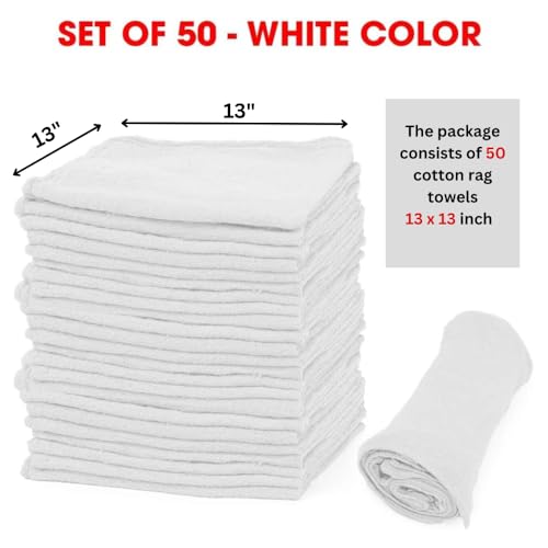 TALVANIA Shop Towels Pack of 50 Reusable Cleaning Rags Durable Quality Cotton 13 x 13 Machine Washable Suitable for All Purposes White - Image 5