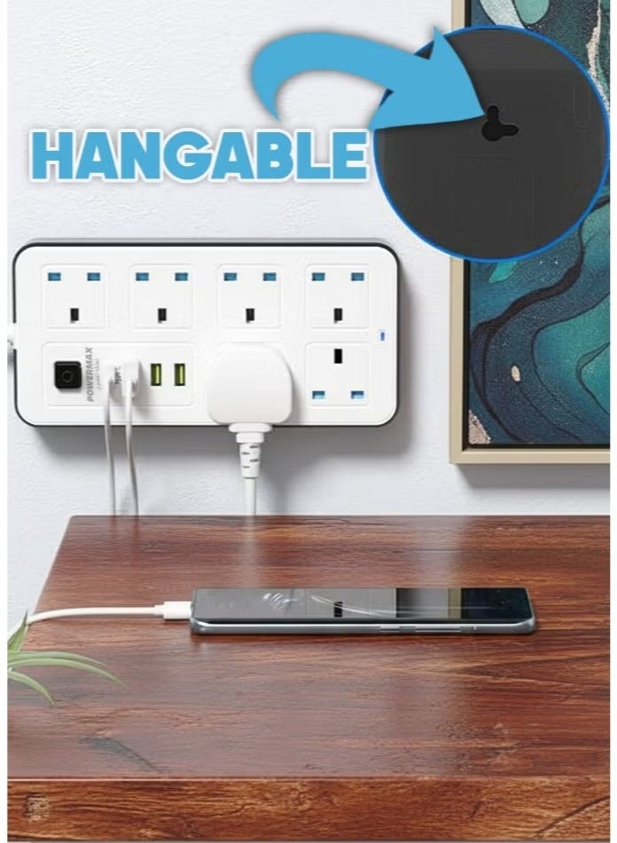 Powermax 10-in-1 Power Socket Extension Plug – 2500W Power Strip Extension with 6 AC Outlets + 3 USB + 1 PD Type-C | 3.4A Auto-ID Charging | Anti-Static Protection | 5M Extension Cord – White | Includes Anti-Static Protection & 5000mm Heavy-Duty Cord for Safe, Efficient Charging5M Rectangular Power Strip | 6 Anti-Static Sockets | 3 USB-A & 1 USB-C Ports | Master Switch | Overload Protection | Fire Retardant | Child Safety | 2500W Max Power - Image 3