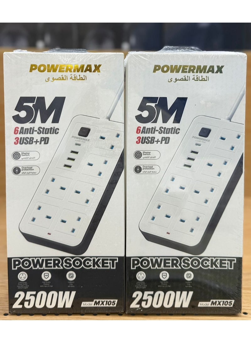 Powermax 10-in-1 Power Socket Extension Plug – 2500W Power Strip Extension with 6 AC Outlets + 3 USB + 1 PD Type-C | 3.4A Auto-ID Charging | Anti-Static Protection | 5M Extension Cord – White | Includes Anti-Static Protection & 5000mm Heavy-Duty Cord for Safe, Efficient Charging5M Rectangular Power Strip | 6 Anti-Static Sockets | 3 USB-A & 1 USB-C Ports | Master Switch | Overload Protection | Fire Retardant | Child Safety | 2500W Max Power - Image 5