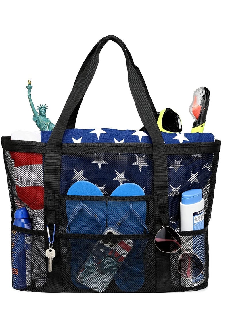 Excefore - Beach Bag, Extra Large Bag for Women Travel, Mesh Tote Toys, Towel, flip flops, Black - Image 1