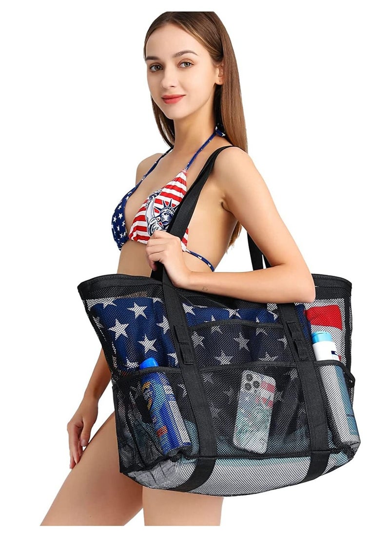 Excefore - Beach Bag, Extra Large Bag for Women Travel, Mesh Tote Toys, Towel, flip flops, Black - Image 1