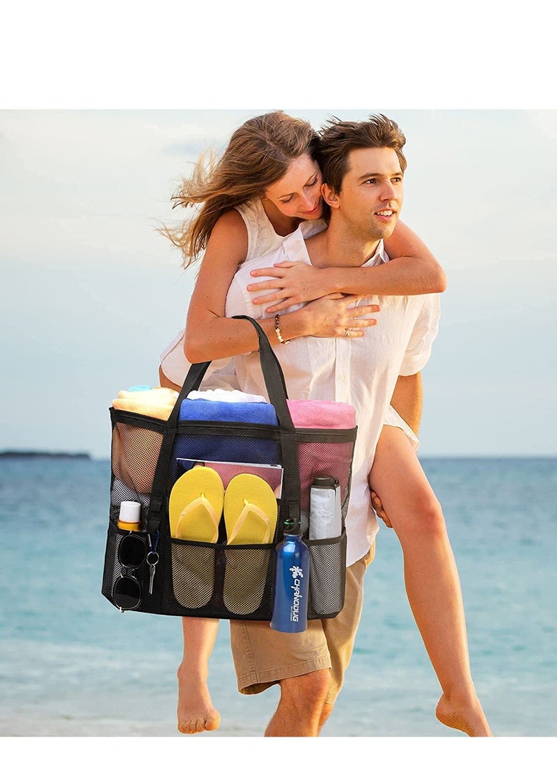 Excefore - Beach Bag, Extra Large Bag for Women Travel, Mesh Tote Toys, Towel, flip flops, Black - Image 1