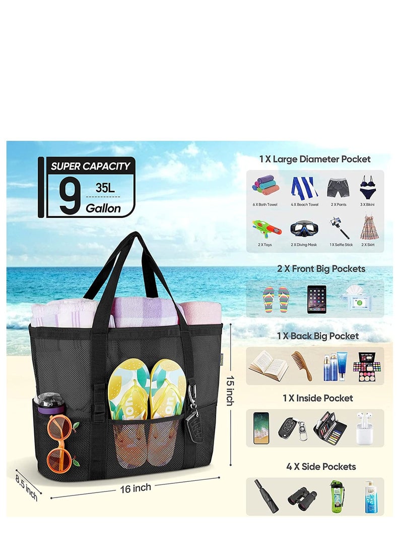 Excefore - Beach Bag, Extra Large Bag for Women Travel, Mesh Tote Toys, Towel, flip flops, Black - Image 1