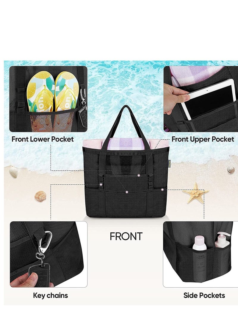 Excefore - Beach Bag, Extra Large Bag for Women Travel, Mesh Tote Toys, Towel, flip flops, Black - Image 1