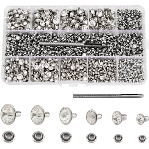 RUBYCA 600 Sets Czech White Clear Crystal Rhinestone Rapid Rivets Silver Color Metal Studs DIY LeatherCraft Kit for Clothing, Wedding, Art and Crafts with a Leather Hole Punch Tool - Image 1