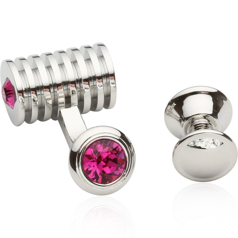 Cuff-Daddy Men's Silver Fuchsia Pink Crystal Cufflinks and Studs Tuxedo Shirt Formal Set with Jewelry Presentation Box Storage Special Occasions Wedding Cufflinks & Shirt Accessories - Image 2