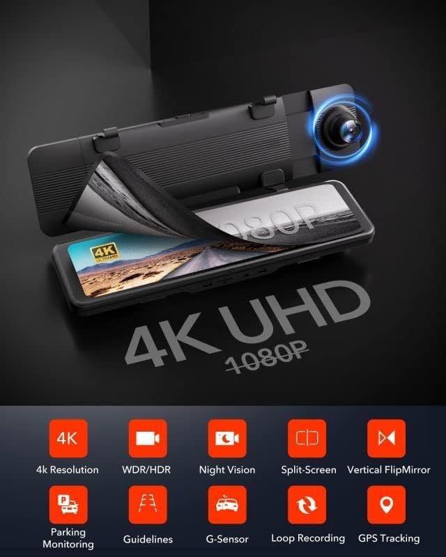 REDTIGER T700 Rear View Mirror Camera 11in UHD 4K Front and 1080P Rear Dual Cameras with GPS and Night Vision - Image 2