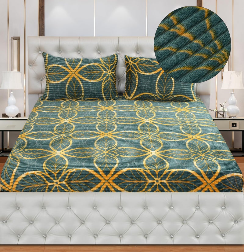 KAWI 350 TC Velvet Pencil Print 300 GSM Woolen Fleece Warm Flannel Double Bed Elastic Fitted King Size Bedsheet with 2 Zipper Pillow Cover (72"x78" X10") - Light Green Colour - Image 1
