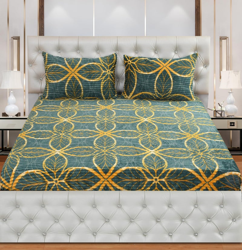 KAWI 350 TC Velvet Pencil Print 300 GSM Woolen Fleece Warm Flannel Double Bed Elastic Fitted King Size Bedsheet with 2 Zipper Pillow Cover (72"x78" X10") - Light Green Colour - Image 2